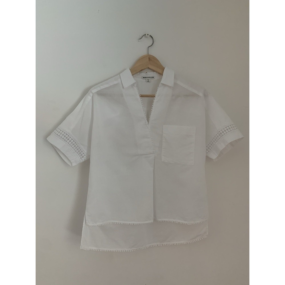 Whistles Kristyn Lace Insert Shirt Sz XS White Ramie Cotton‎ Delicate Lace Trim